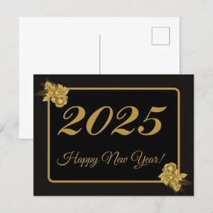 Cartão Postal 2025,Feliz ano novo!flor dourada e fundo preto
