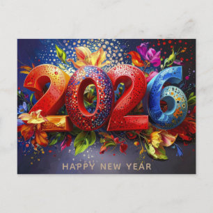 Cartão Postal 2026 Ano Novo Colorido Floral Moderno