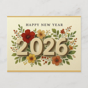 Cartão Postal 2026 Ano Novo Elegante Moderno Floral