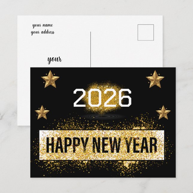 Cartão Postal 2026, Feliz ano novo! Douradas estrelas brilhantes (Frente/Verso)
