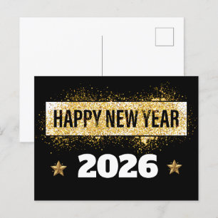 Cartão Postal 2026, Feliz ano novo! Estrelas brilhantes Douradas