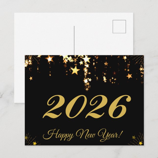 Cartão Postal 2026,Feliz ano novo!estrelas douradas e fundo pret (Frente/Verso)