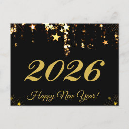 Cartão Postal 2026,Feliz ano novo!estrelas douradas e fundo pret
