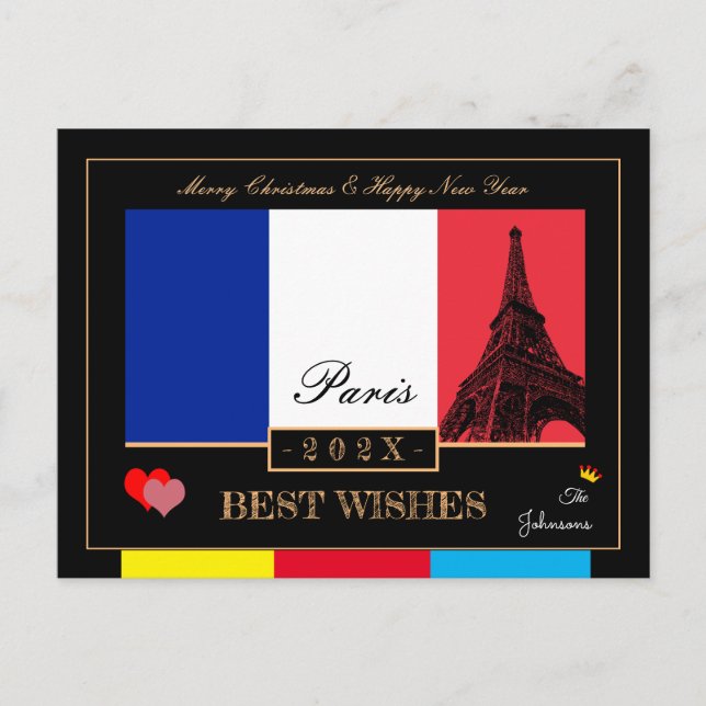 Cartão Postal 2026 French Flag & Eiffel Feliz ano novo, França (Frente)