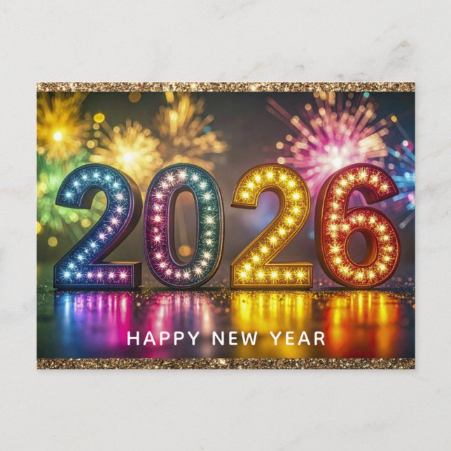 Cartão Postal 2026 Happy New Year Modern Fireworks Glitter (Frente)