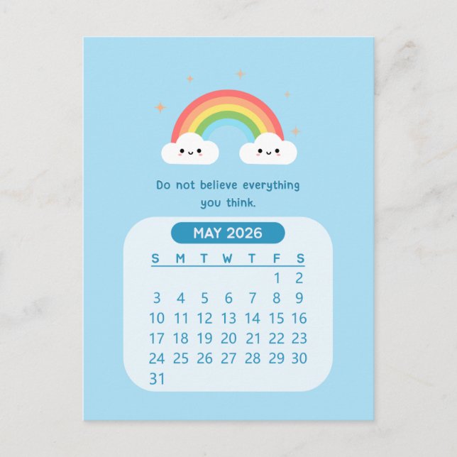 Cartão Postal 2026 Maio Calendário Motivacional Mensal Cute Kawa (Frente)