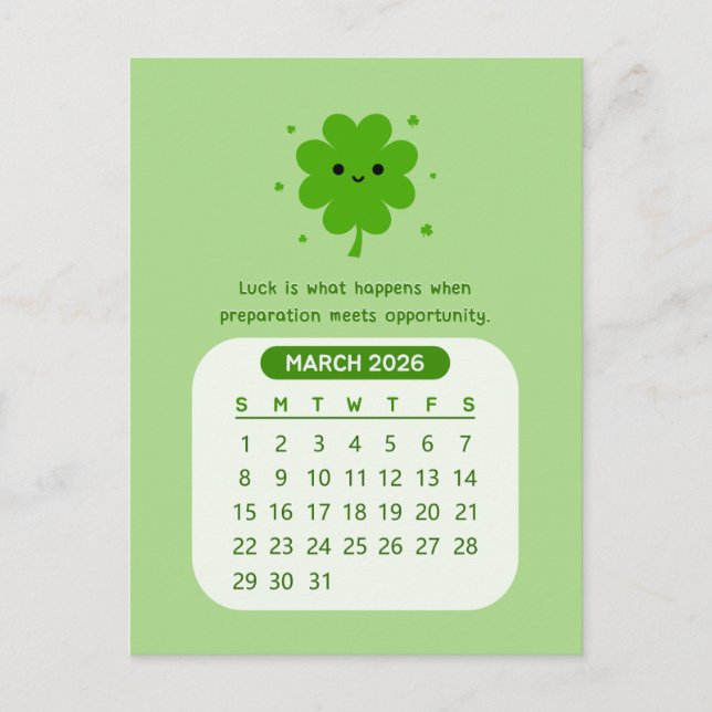 Cartão Postal 2026 Março Mensal Calendário Motivacional Kawaii (Frente)