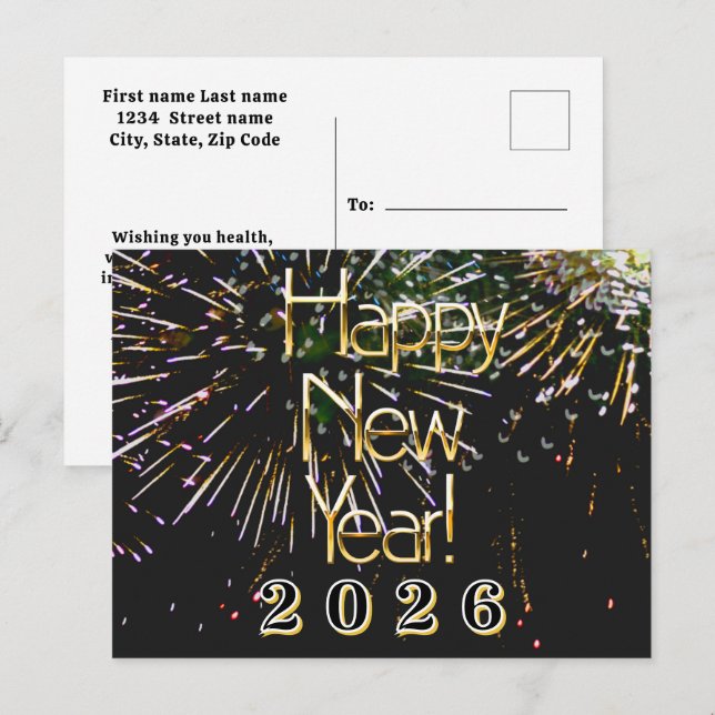 Cartão Postal 2026,Natal de Feliz de fogos de Feliz ano novo (Frente/Verso)