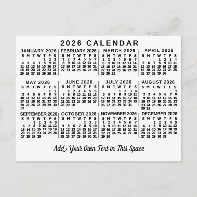 Cartão Postal 2026 Year Monthly Calendar Classic White and Black (Frente)