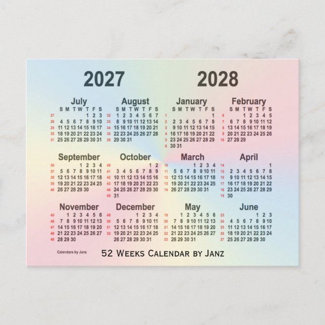 Cartão Postal 2027-2028 Calendário Rainbow 52 Semanas por Janz (Frente)