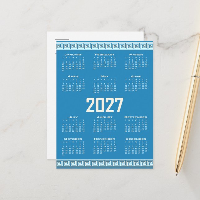 Cartão Postal 2027 Calendar, Greek Fret, Cosmic Latte on Blue (Frente/Verso In Situ)