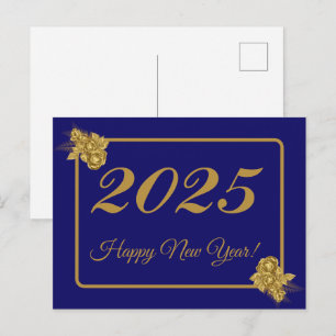 Cartão Postal 2027,Feliz Ano Novo!flor de ouro & fundo azul-mari