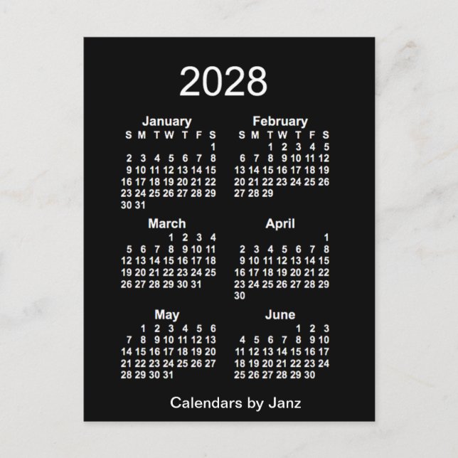 Cartão Postal 2028 Neon White 6 meses Mini calendário de Janz (Frente)