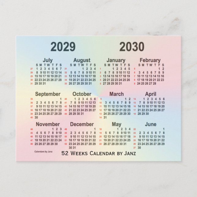 Cartão Postal 2029-2030 Calendário Rainbow 52 Semanas por Janz (Frente)