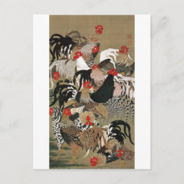 Cartão Postal 20. 群 鶏 図, 若 冲 bando de galos, Jacuchu