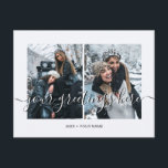 Cartão Postal 2 fotos personalizadas Saudações Universais<br><div class="desc">Personalizado 2 melhores amigos,  casamentos ou fotos de família Universal Saudações Cartões postais com uma colagem de fotos na moda com 2 imagens personalizadas,  sua mensagem de saudações em uma fonte elegante de script manuscrito,  seu nome,  data,  ano,  mensagem no verso em uma fonte moderna e simples sans serif.</div>