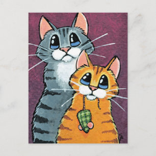 Cartão Postal 2 Gatos de Tabby com Ilustração de Rato de Brinque
