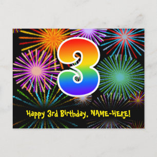 Cartão Postal 3º Aniversário – Padrão Divertido de Fogos de Arti