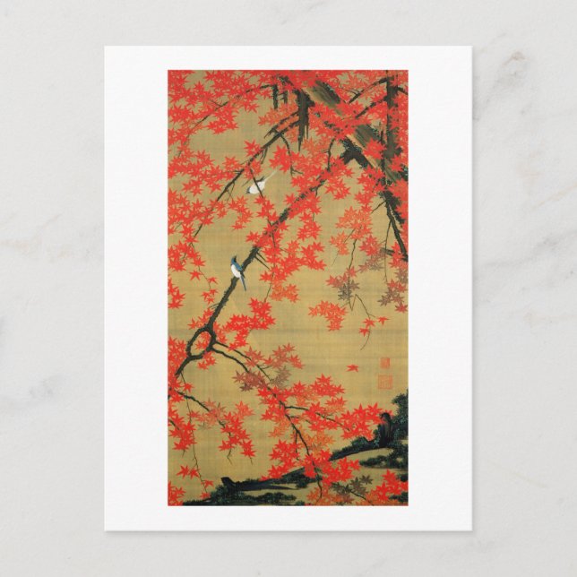 Cartão Postal 30. 紅 葉 小 図, 若 冲 Maple & Small Birds, Jakuchu (Frente)