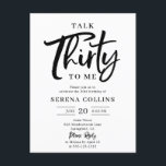 Cartão Postal 30 Aniversário Talk Trinta Pincel Caligrafia<br><div class="desc">Celebre este aniversário marco em estilo com um convite para aniversário de 30 anos maravilhosamente desenhado que combina elegância moderna com um toque de humor. O título apresenta a citação divertida Converse 30 comigo, com a palavra Trinta, escrita articamente em caligrafia moderna, acrescentando uma vibração divertida e na moda, enquanto...</div>