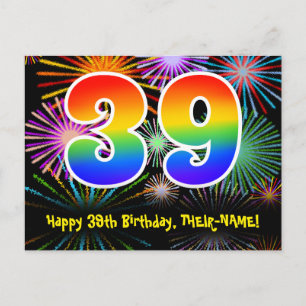 Cartão Postal 39º Aniversário – Padrão Divertido de Fogos de Art