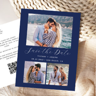 Cartão Postal 3 Código QR de Foto Azul Marinho Save the Date