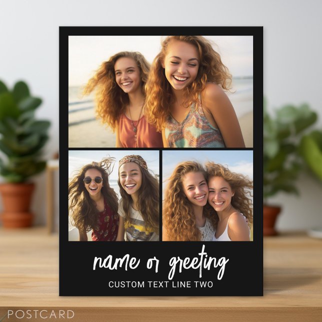 Cartão Postal 3 Colagem de Fotos com Texto de Script - branco pr (Personalized Photo Postcard)