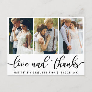 Cartão Postal 3 Foto Casamento Moderno Amor Agradecimento Preto