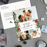 Cartão Postal 3 Foto Elegante de inverno Botânico Feliz Natal<br><div class="desc">Esta coleção apresenta florais vermelhos de aquarela,  bagas e verde de inverno com tipografia moderna e elegante,  com padrão botânico de inverno.</div>