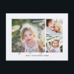 Cartão Postal 3 fotos personalizadas saudações universais<br><div class="desc">Fotos personalizadas da família Universal Saudações Cartões postais com uma colagem de fotos de na moda com 3 imagens personalizadas,  sua mensagem de saudações em uma fonte elegante de script manuscrito,  seu nome,  data,  ano,  mensagem no verso em uma fonte moderna e simples sans serif.</div>