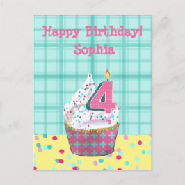 Cartão Postal 4ª Vela de Aniversário | Cupcake de folhas e tiras