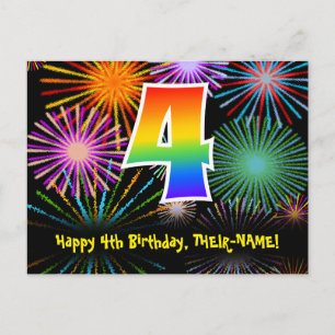 Cartão Postal 4º Aniversário – Padrão Divertido de Fogos de Arti