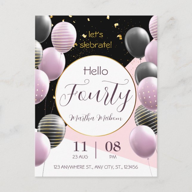 Cartão Postal 40º aniversário. Aniversário elegante (Frente)