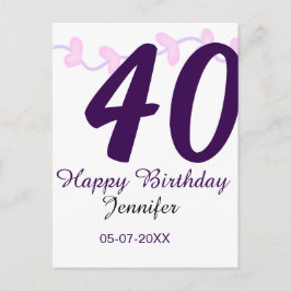 Cartão Postal 40th birthday add name date year purple floral pin