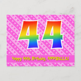 Cartão Postal 44 Aniversário: Riscos e Corações Rosa, Arco-Íris