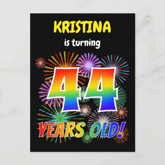 Cartão Postal 44 Birthday - Fogos de artifício divertidos, Rainb (Frente)