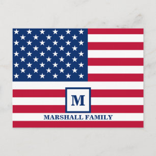 Cartão Postal 4 de Julho Bandeira Americana dos EUA Monograma Pe