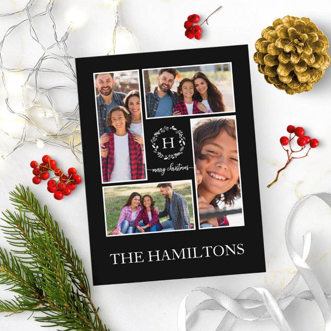 Cartão Postal 4 Fotos Colagem Monograma Feliz Natal Preto (Criador carregado)