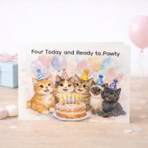 4th Birthday Card for Girls Fun Cat Party 