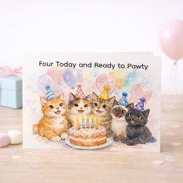 Cartão Postal 4th Birthday Card for Girls Fun Cat Party 