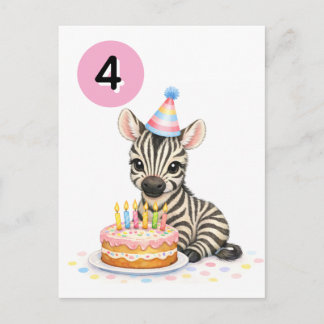 Cartão Postal 4th Birthday for Girls Sweet Zebra Postcard 