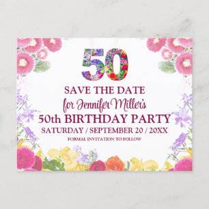 Cartão Postal 50º Aniversário Floral - Elegante 50 Guarde A Data