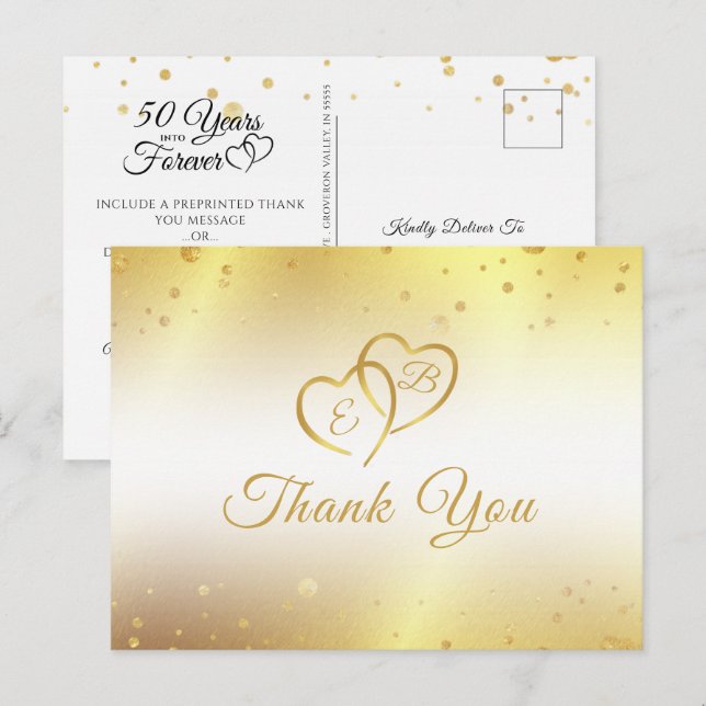 Cartão Postal 50º aniversário Monograma Dourado Corações Obrigad (Frente/Verso)