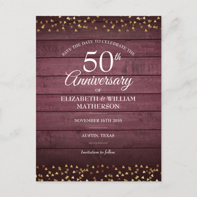 Cartão Postal 50º Aniversário Salve a Data Corações Dourados Rús (Frente)