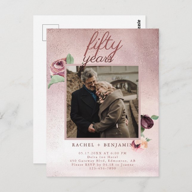 Cartão Postal 50 anos de casamento Rosa de aniversário Dourado G (Frente/Verso)