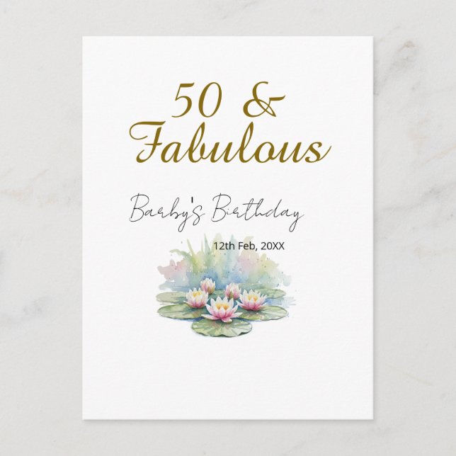 Cartão Postal 50 & fabuloso lótus d'água dourado aquarela  (Frente)