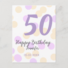 Cartão Postal 50th birthday add name date purple orange polkadot