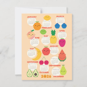 Cartão Postal 5 A Dia do Fruta Kawaii 2026 Calendário