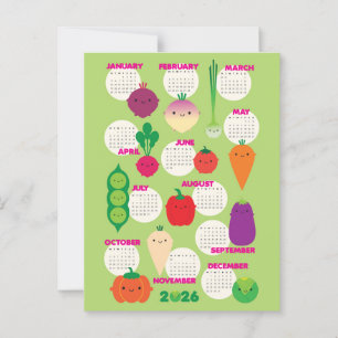Cartão Postal 5 A Dia Vegetais Kawaii 2026 Calendário