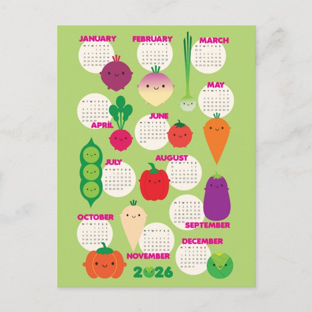 Cartão Postal 5 A Dia Vegetais Kawaii 2026 Calendário (Frente)